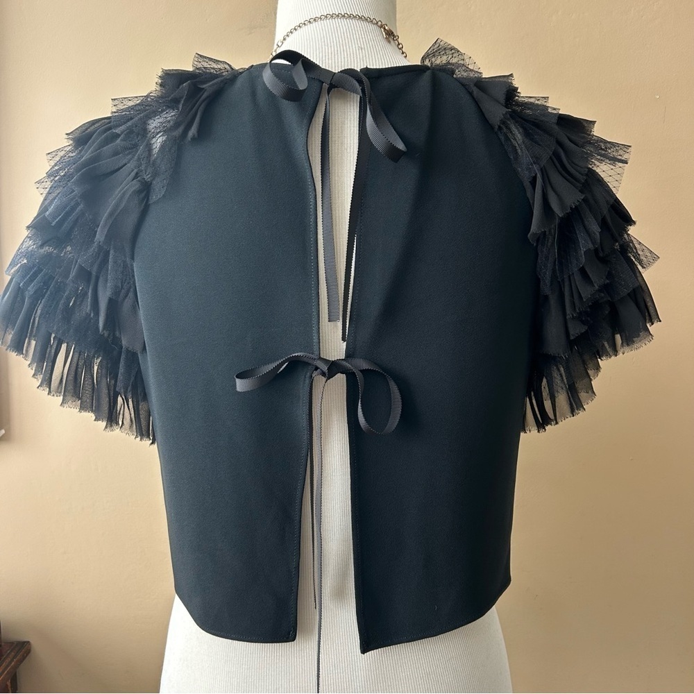 Alexis Saffi Ruffle Sleeve Top Tie Back Black Crepe Size Small - Picture 4 of 12